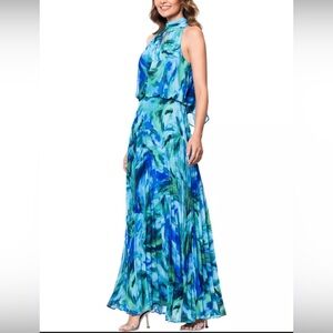 Xscape Blue and Green Pleated Halter Maxi Dress